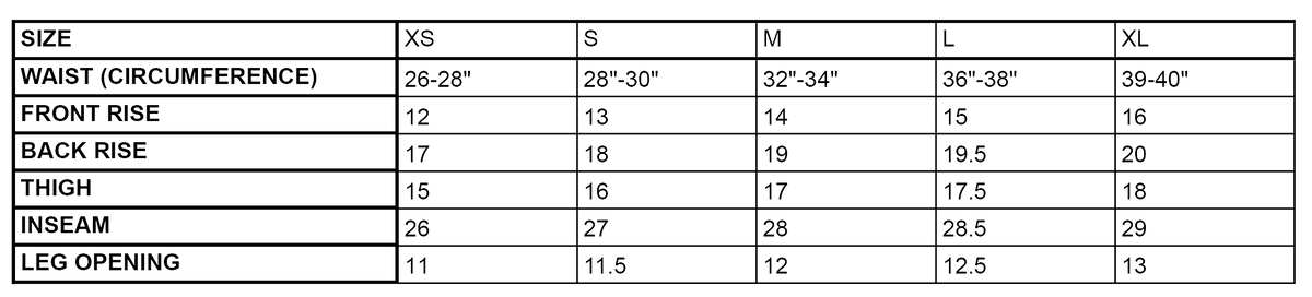 Track Sweats size chart