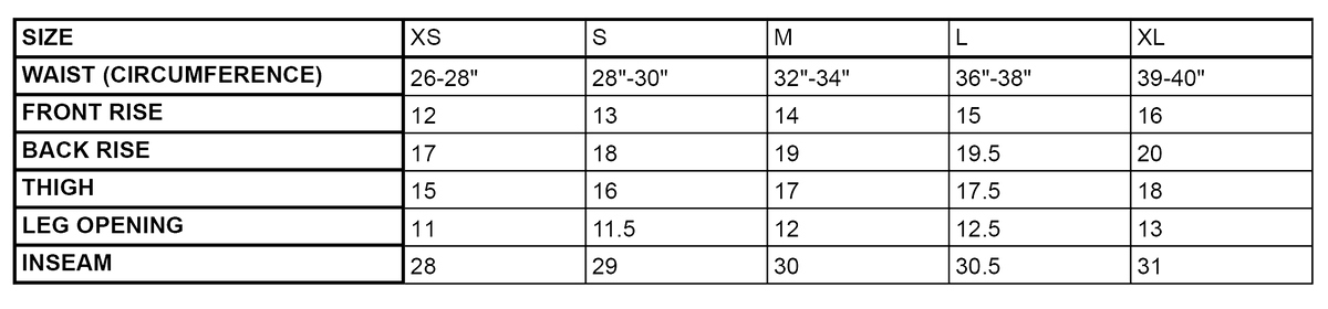 Nylon Trousers size chart