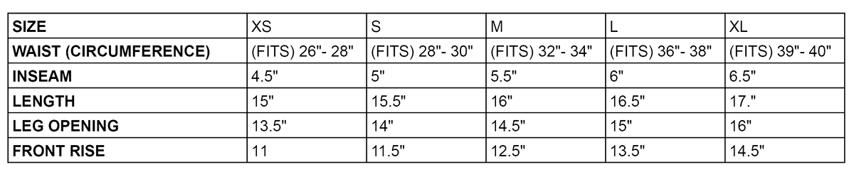Crochet Shorts size chart