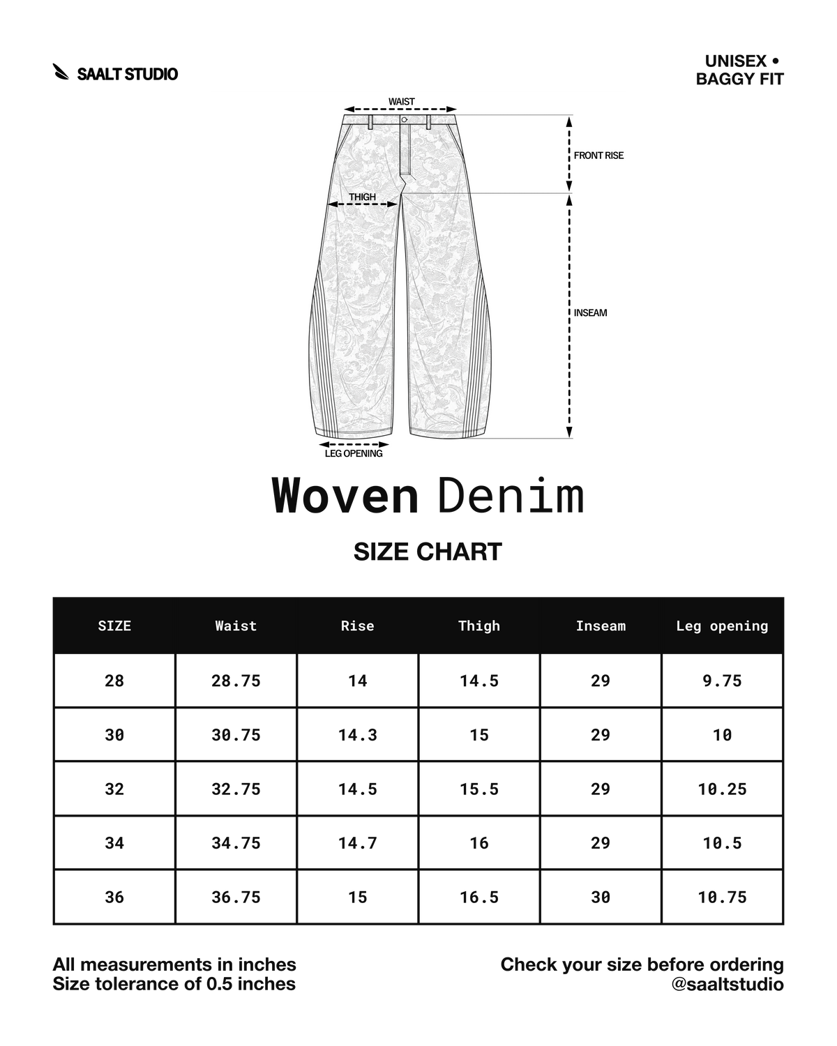 Woven Denim ***PREVIEW*** size chart